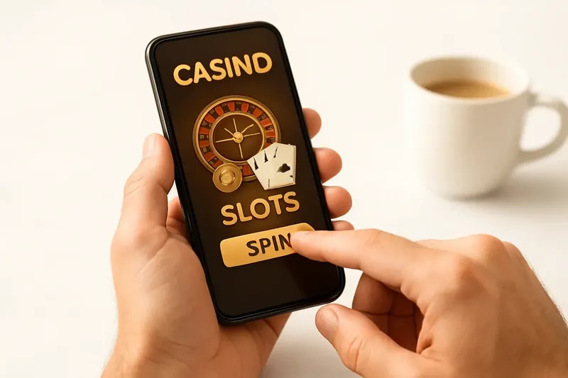 Man's hands tapping mobile casino interface on phone at marble desk