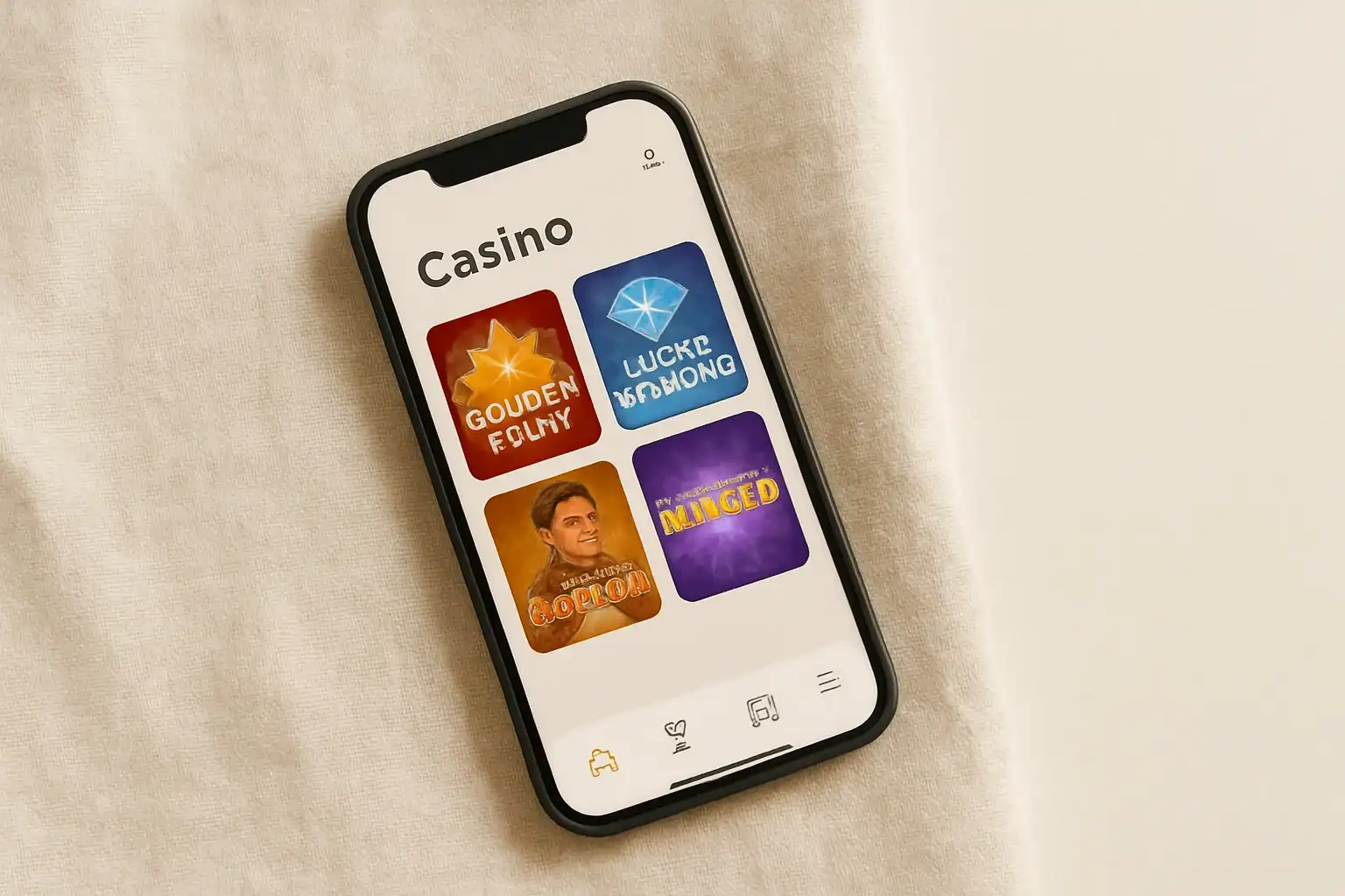 Smartphone displaying light casino app interface on cream background
