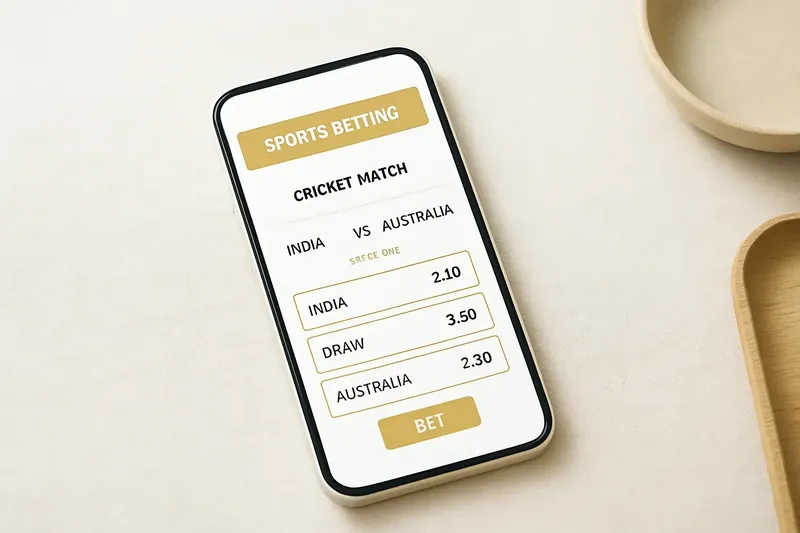 Phone screen showing modern cricket betting odds interface in white and gold