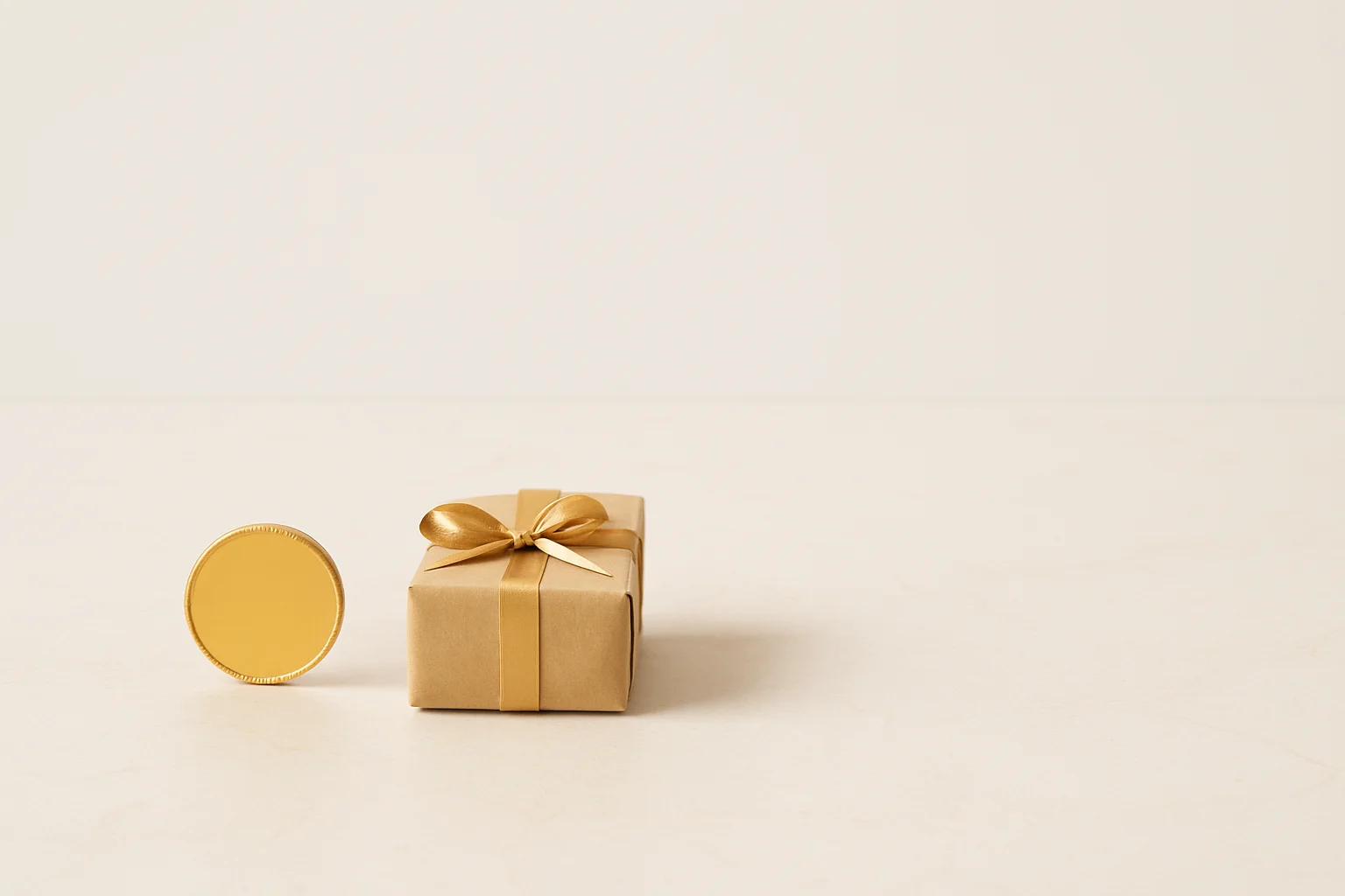Single gold coin beside small unwrapped gift box on marble surface