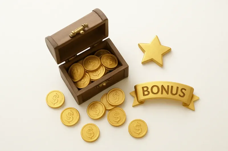 Open treasure box spilling gold coins with star badge and bonus ribbon