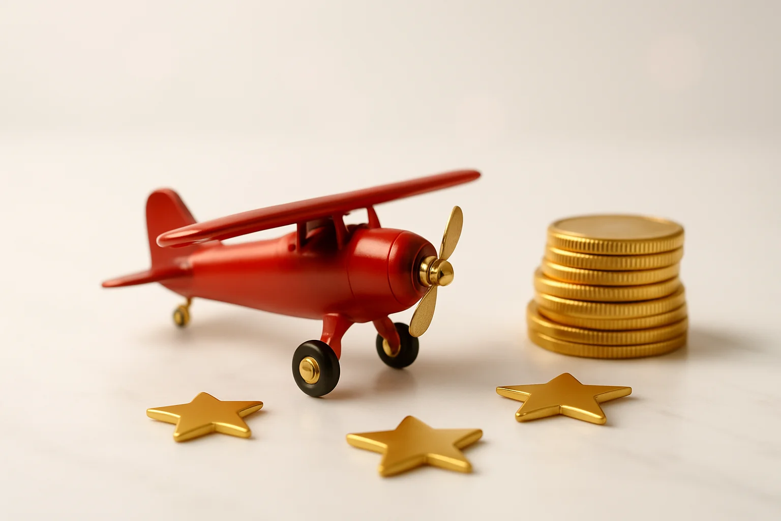 Miniature red airplane with gold coins and star tokens on marble