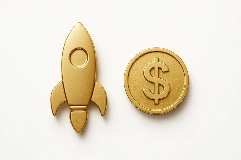 Minimalist rocket icon with gold coin on white background
