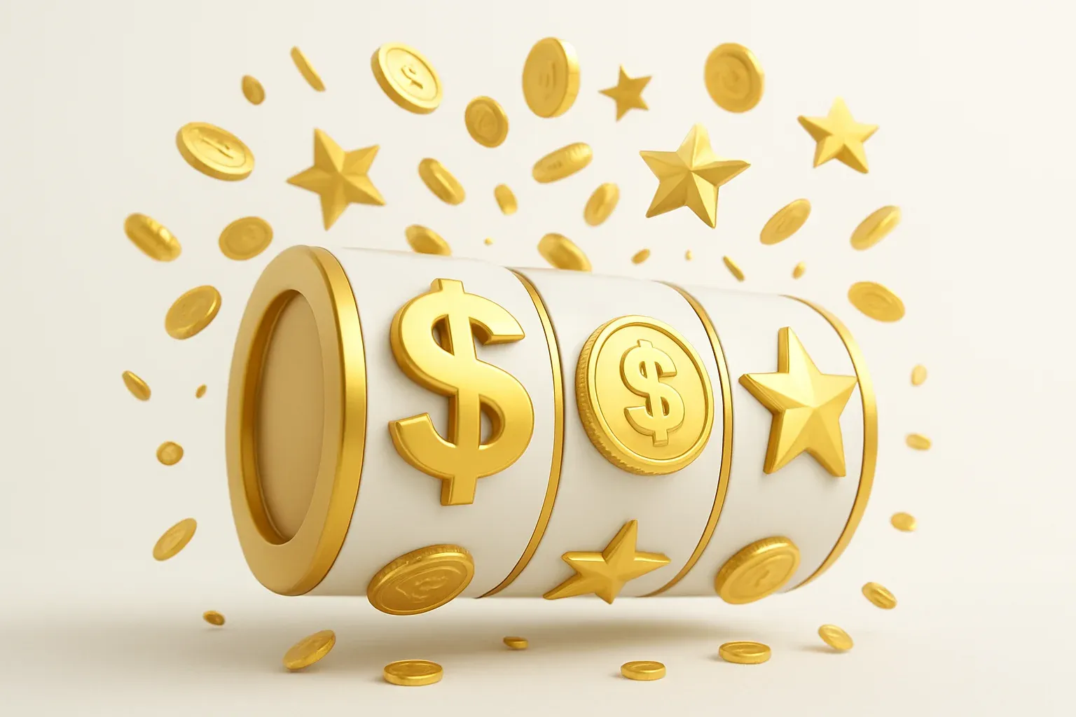 Colorful slot reels with gold symbols, coins, and stars bursting outward